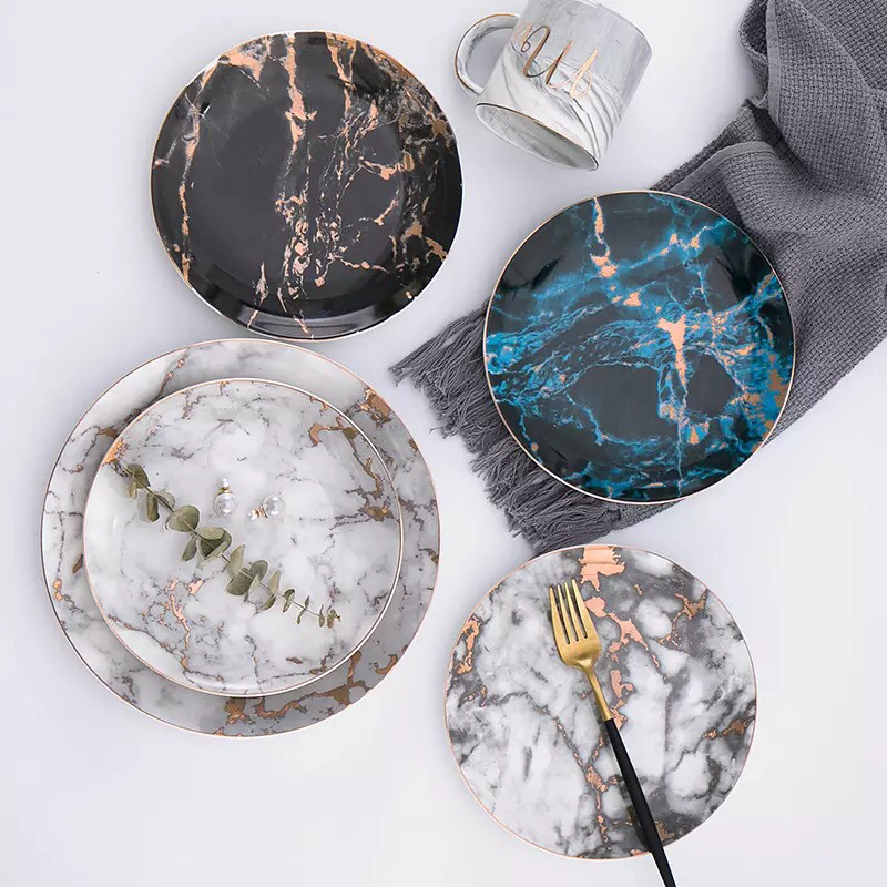Various size fancy round gold decor white dinnerware porcelain marble dinner plate