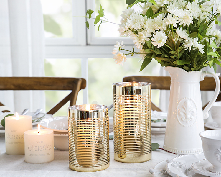 Bixuan Glass Hurricane Candleholders with Unique Golden Striped Decor Cylinder Wedding Vases Dining Table Centerpieces, 7.9'' H