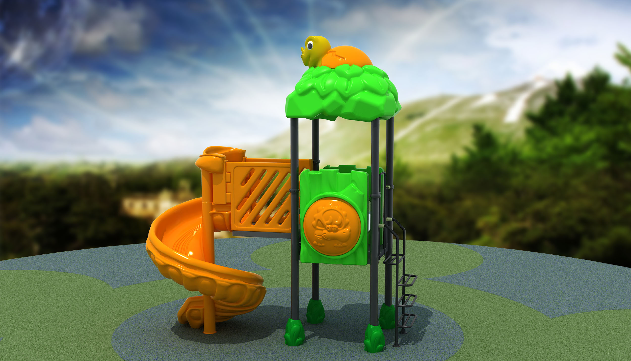 kindergarten children outdoor playground with plastic slide and swing for kids