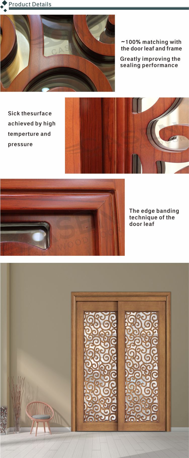 Chinese pattern sliding wood door glass door for sale