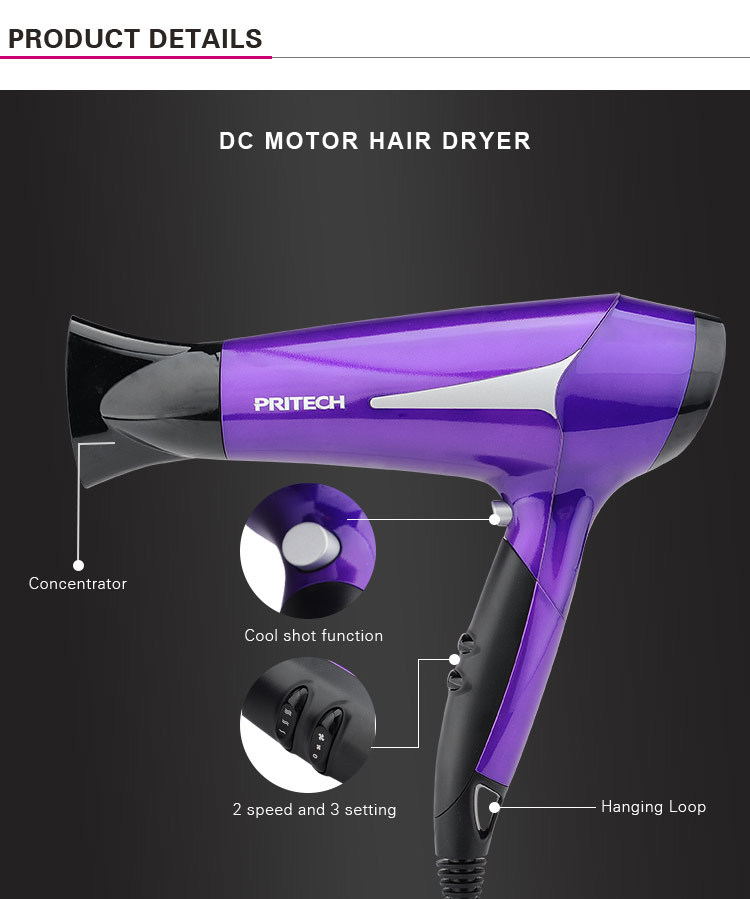 PRITECH Overheating Protection 1800W 2200W 3 Heat Settings Hair Dryer For Household