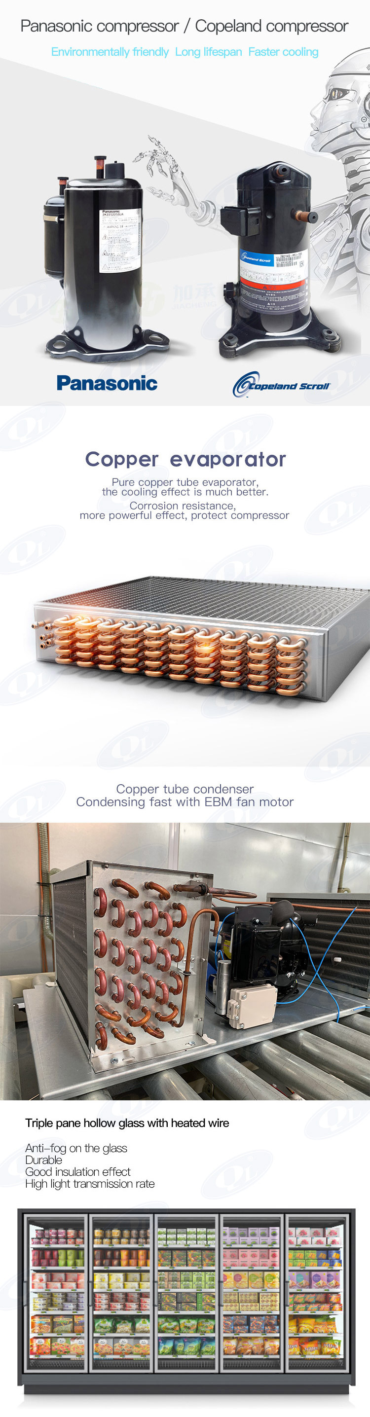 Supermarket commercial freezer air cooling system upright display freezer
