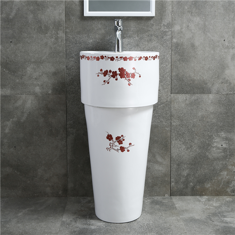 Easy clean single hole decorate ceramic flower floor standing wash freestanding basin
