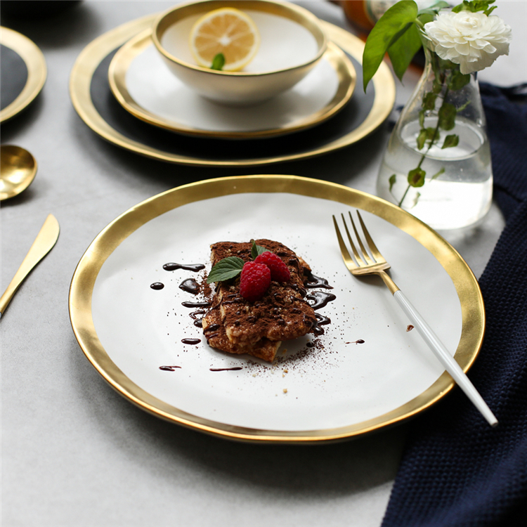 Customized nordic dinnerware sets ceramic wedding white dishes plates set with gold rim