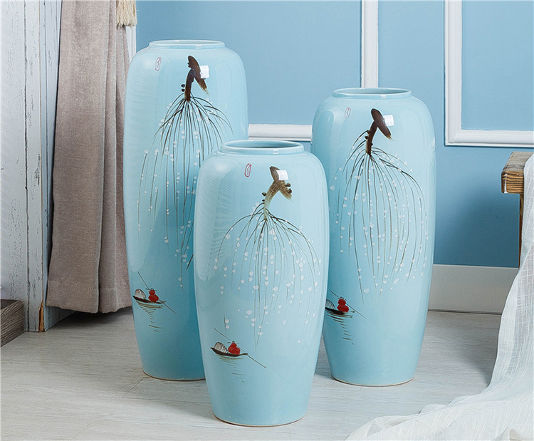 Hand drawing blue color floor home decoration ceramic vase