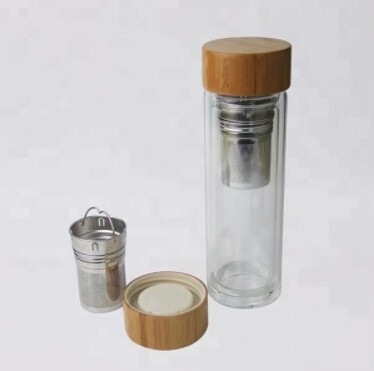 Double wall Borosilicate Glass Water Bottle with bamboo lid and metal tea filter
