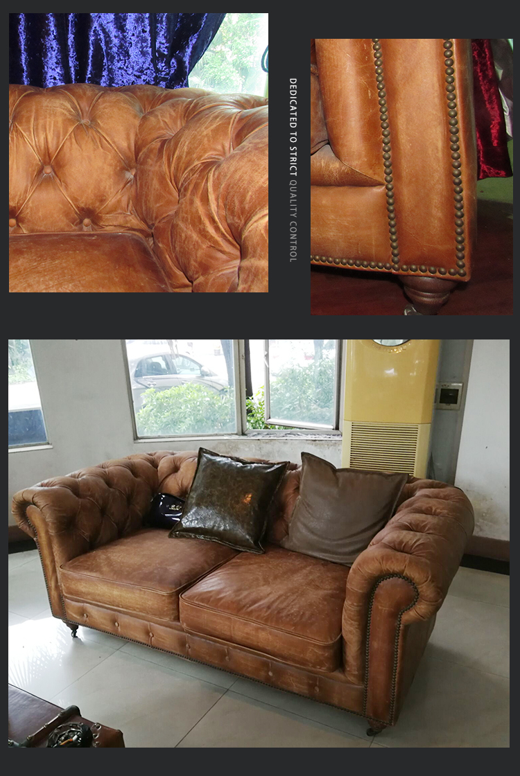 Foshan factory bespoke tan leather sofa chesterfield living room sofa couch tufted buttons