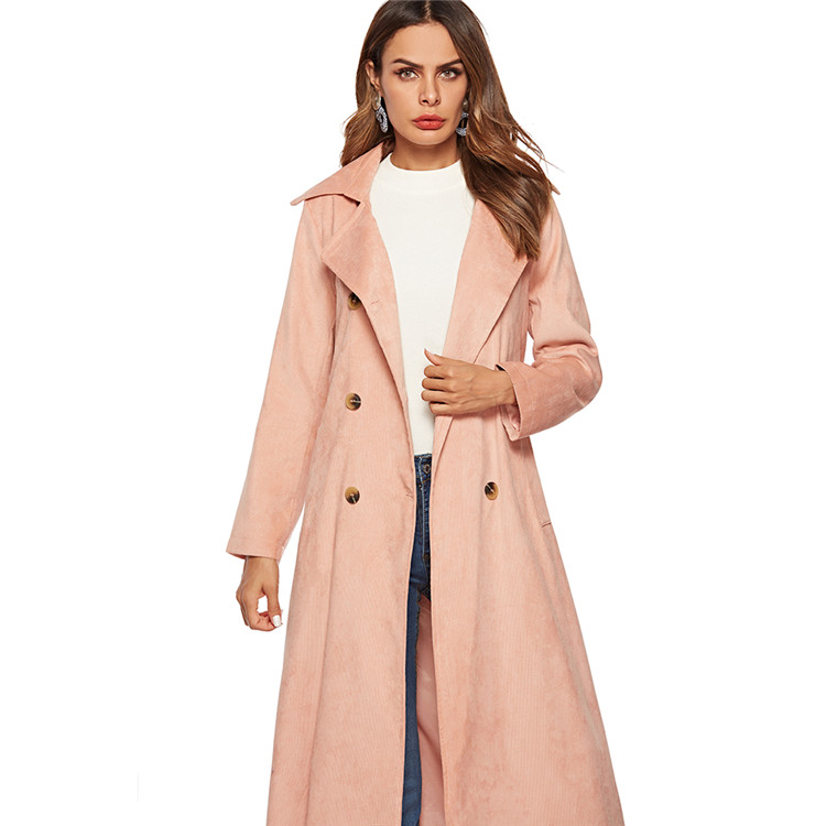2019 New pink corduroy double breasted belted wrap coat for women, long winter coat women