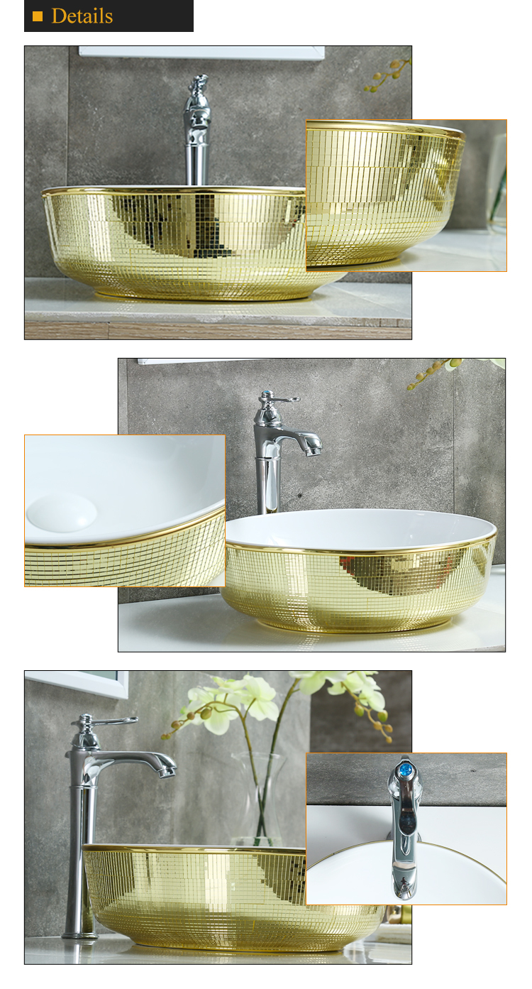 Wide use golden mirror glass single hole round countertop art ceramic lavabo hand wash basin