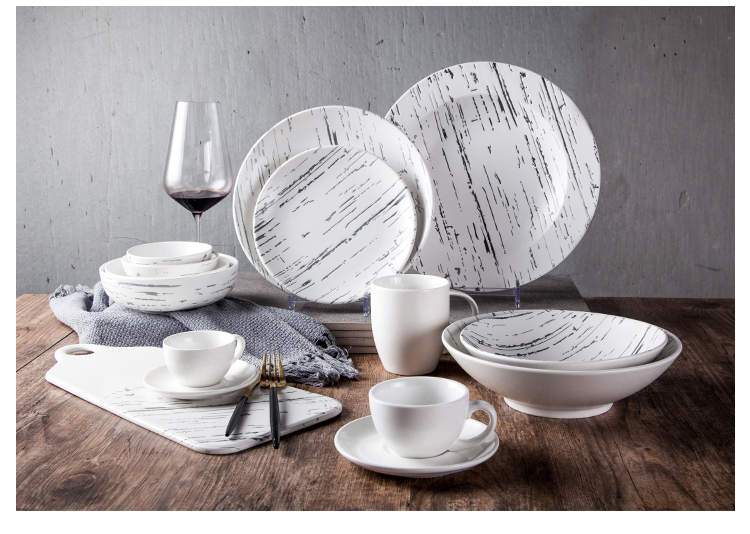 Durable Hotel Porcelain Flat Food Tray Modern Ceramic Marble Design Plate