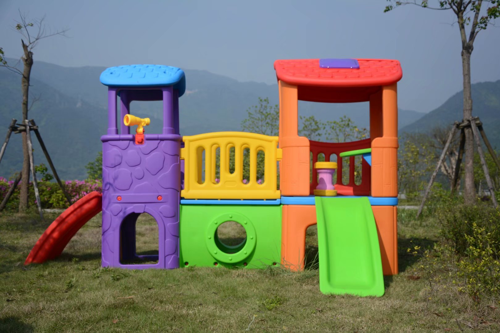 LLDPE children plastic playhouse and baby slide colorful playhouse with slide set for sale
