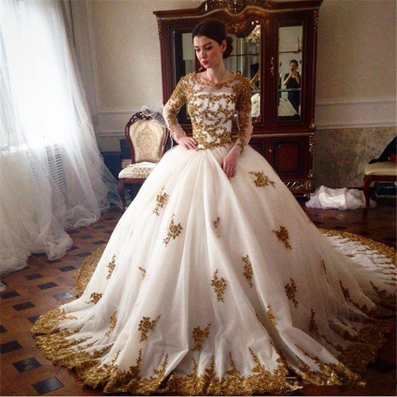 Luxury Gold Lace Appliques Long Sleeve Muslim Wedding Dress - Elegant Arabic Ball Gown for Brides | Custom Sizes Available Luxury Gold Lace Appliques Long Sleeve Muslim Wedding Dress - Elegant Arabic Ball Gown for Brides | Custom Sizes Available
