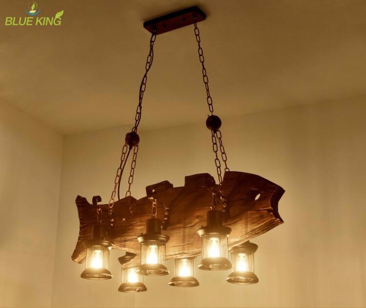 Large iron chain ancient wood fish shape glass ceiling chandelier for hotel decoration