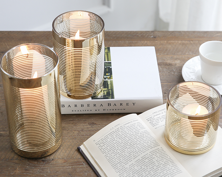 Bixuan Glass Hurricane Candleholders with Unique Golden Striped Decor Cylinder Wedding Vases Dining Table Centerpieces, 3.9'' H