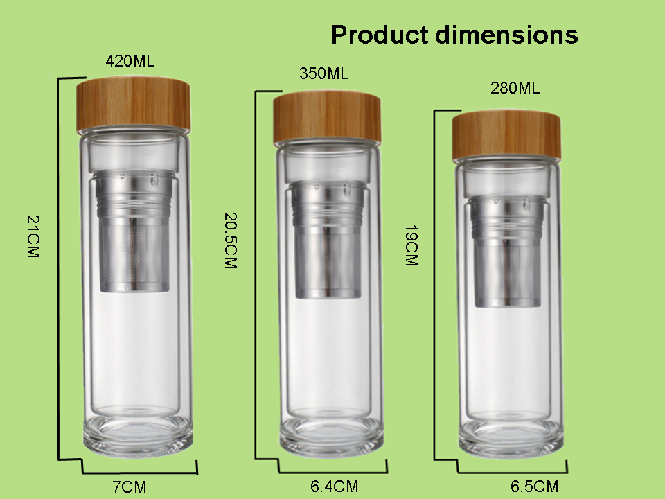 Double wall Borosilicate Glass Water Bottle with bamboo lid and metal tea filter