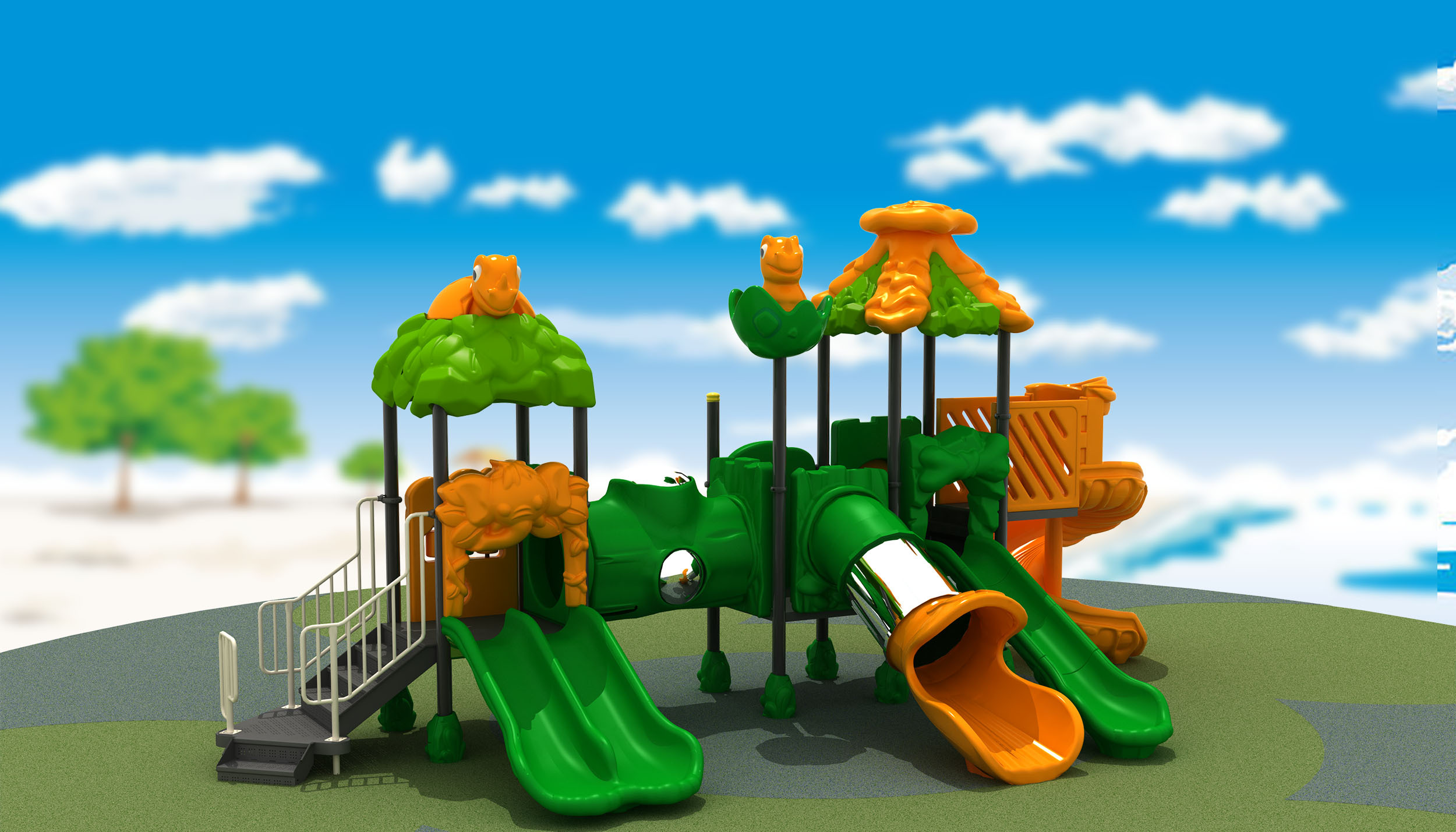 kindergarten children outdoor playground with plastic slide and swing for kids
