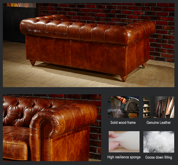 Professional standard vintage genuine leather chesterfield sofa tan leather couch love seat sofa America style sofa