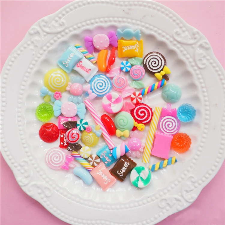 Free Shipping 10pcs in one bag Wholesale Lucky Bag Flat Back Kawaii Resin Candy Lollipops Crafts Pieces