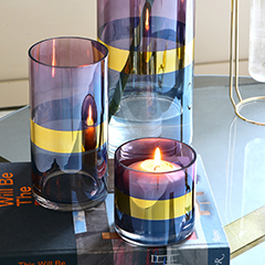 Bixuan Glass Hurricane Candleholders with Unique Golden Striped Decor Cylinder Wedding Vases Dining Table Centerpieces, 7.9'' H