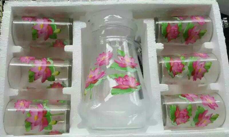 Eco-Friendly 7 pcs glass set with color printing glass water drinking juice jug set