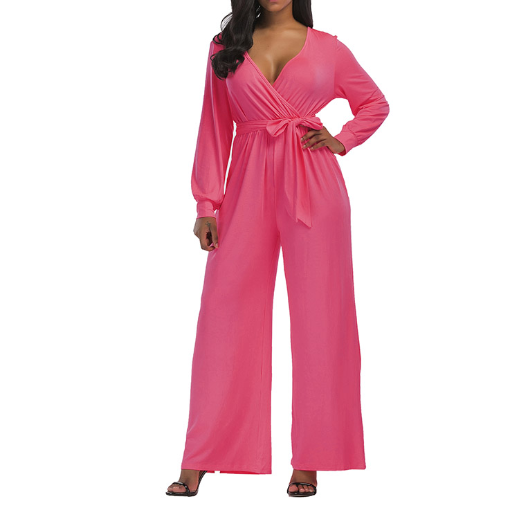 Sample Accepted Deep V Front Wrap Woman Ladies Wide Leg Jumpsuit With Waistband