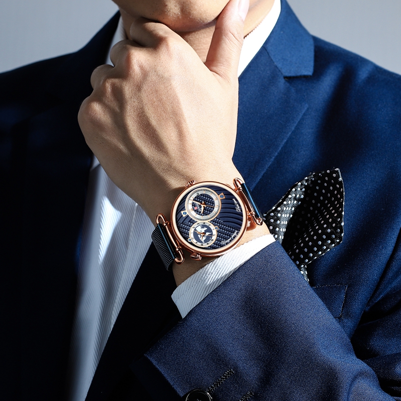 Dual Dial Quartz Wristwatch Top Luxury REWARD Mesh Belt Men Watch High Quality Casual Watches Waterproof Watch For Male