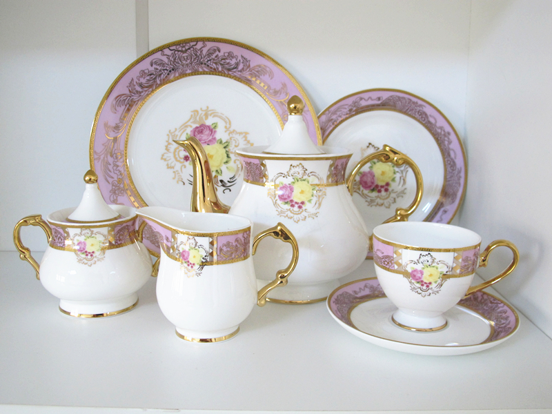 porcelain gold handle tea set elegant rose decal  15pcs 17pcs ceramic bone china tea set