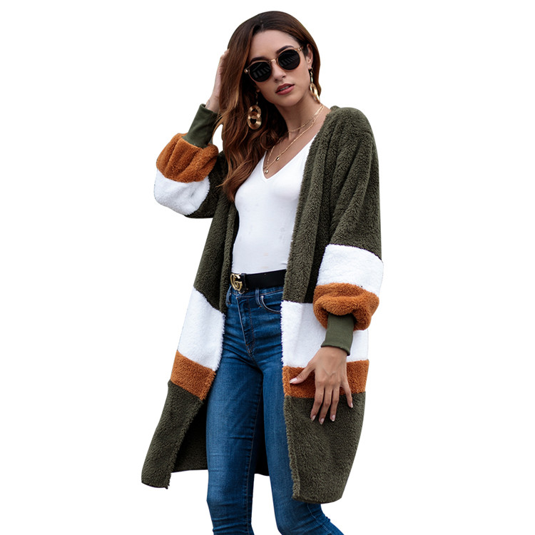 China Manufacturer Casual Winter Warm Velvet Striped Open Sweater Outwear Ladies Long Coats Women