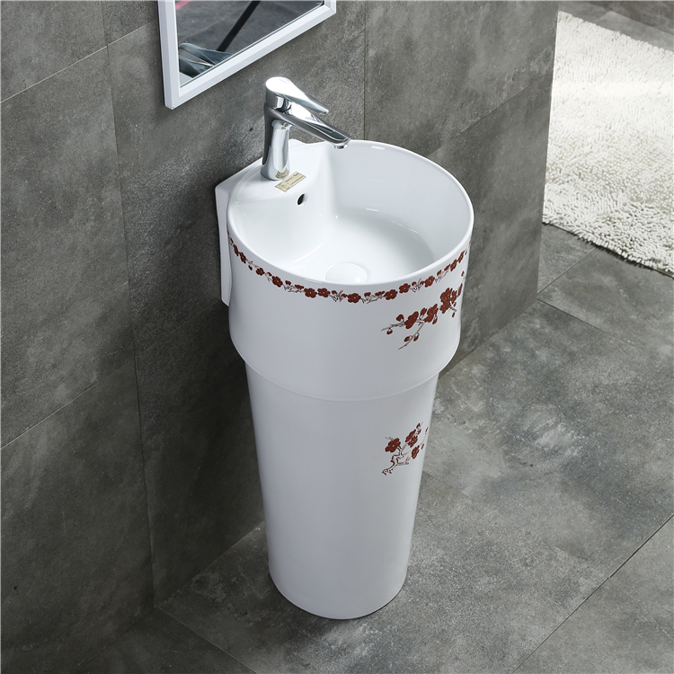 Easy clean single hole decorate ceramic flower floor standing wash freestanding basin