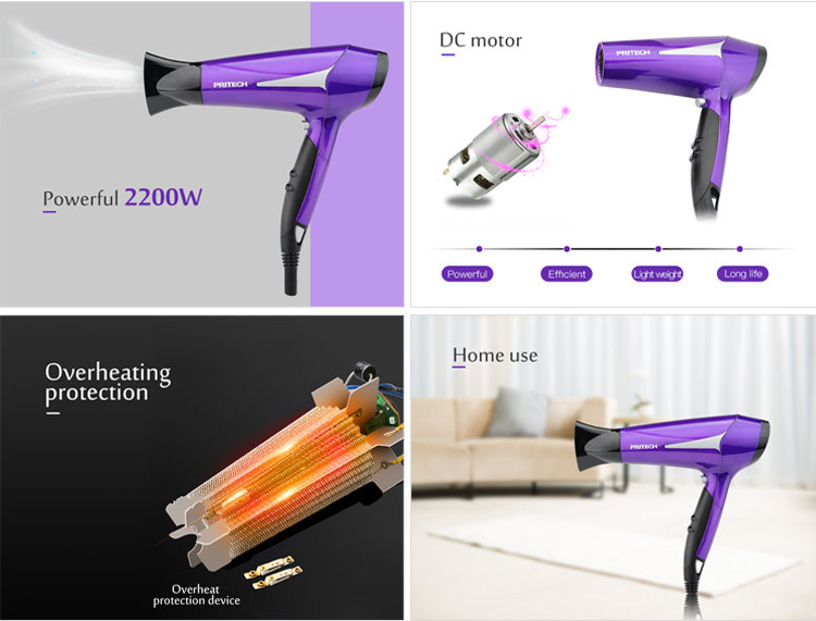 PRITECH Overheating Protection 1800W 2200W 3 Heat Settings Hair Dryer For Household