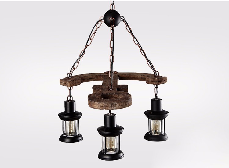 Decorative antique brass metal solid wood anchor 3 lights loft modern pendant lamp lighting