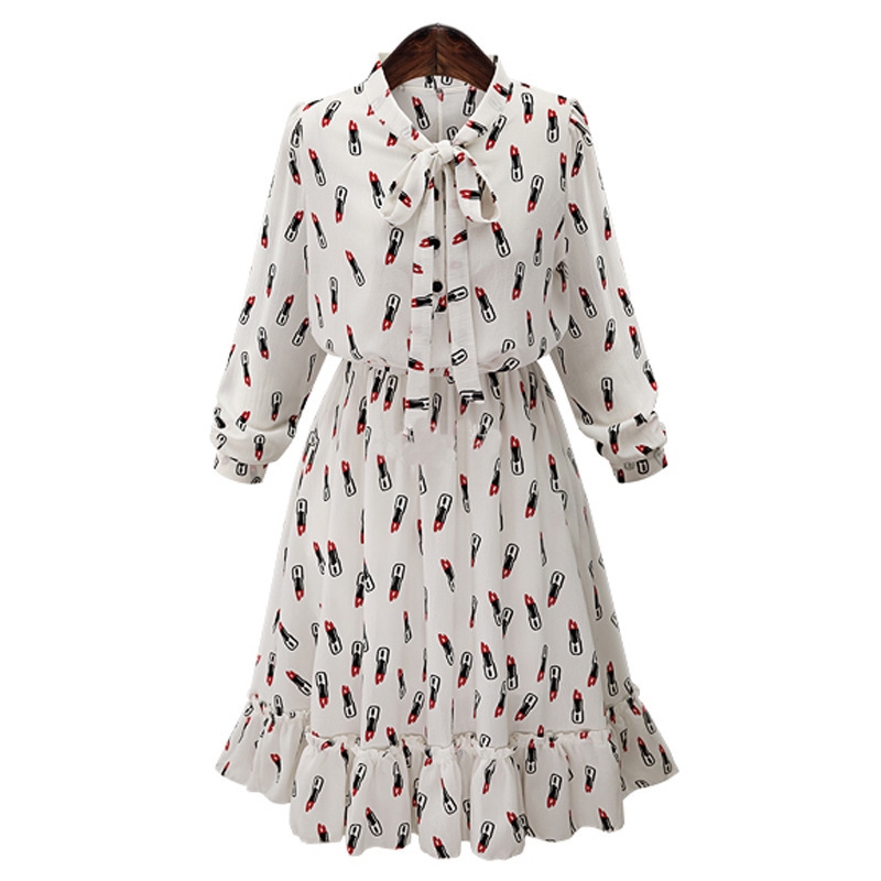 YALI Printed Lipstick Elegant European And American Chiffon Dress