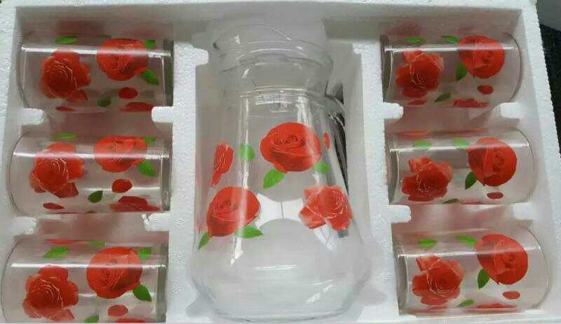 Eco-Friendly 7 pcs glass set with color printing glass water drinking juice jug set