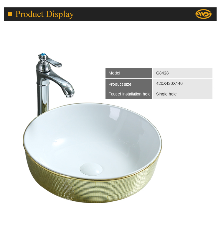 Wide use golden mirror glass single hole round countertop art ceramic lavabo hand wash basin