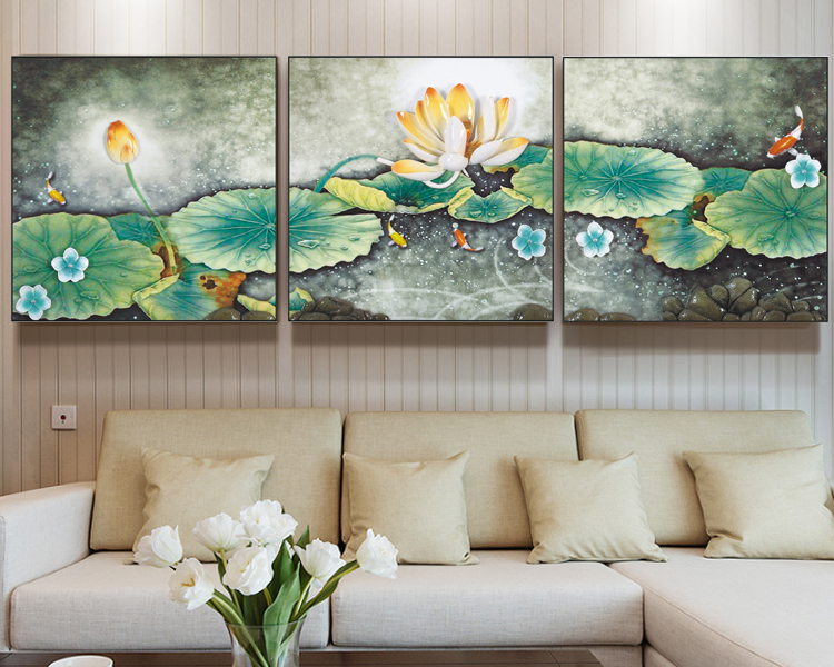 60*60CM 3 Panels Lotus Pond Art Embossment Oil Painting