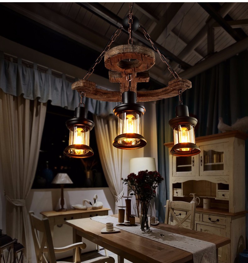 Decorative antique brass metal solid wood anchor 3 lights loft modern pendant lamp lighting