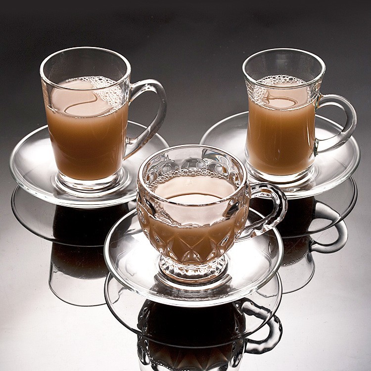 Haonai clear glass tea coffee set clear glass coffee cup with saucer with embossed design