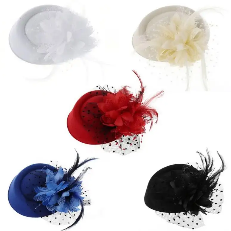 Vintage woolen hat pearl feather flower hair clip black dot large mesh headdress hat veil