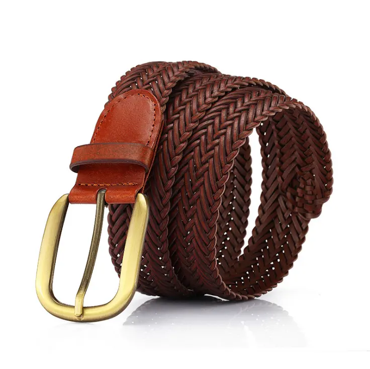 Braided Stretch Cognac Belt For Men With Leather Tip Prong Buckle