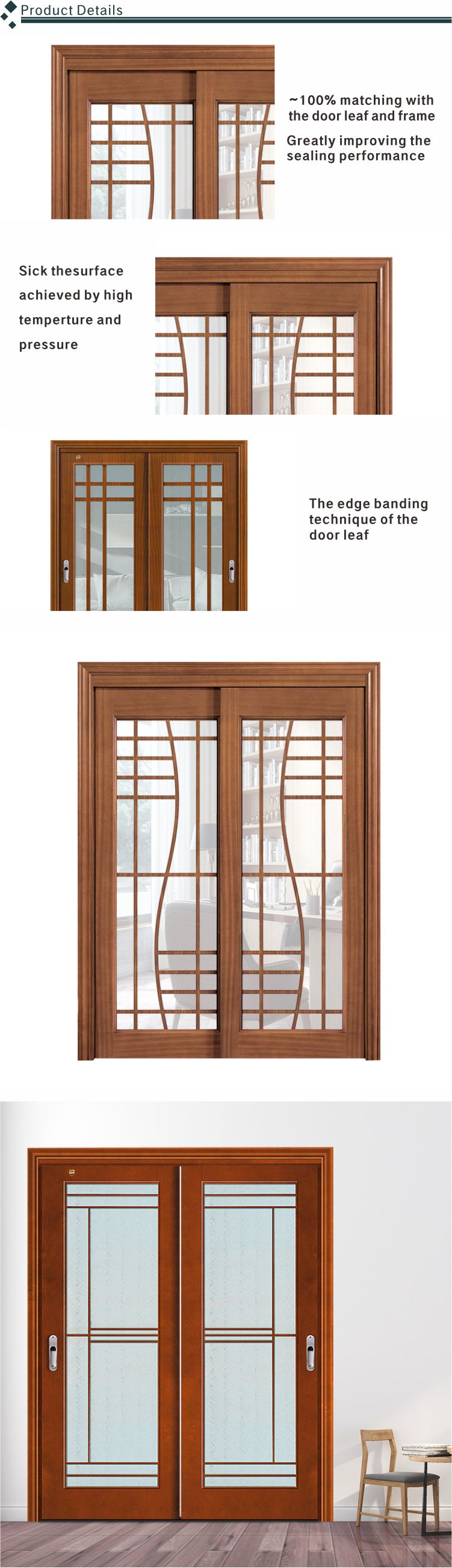Minimalist teak wood double door glass design sliding glass door