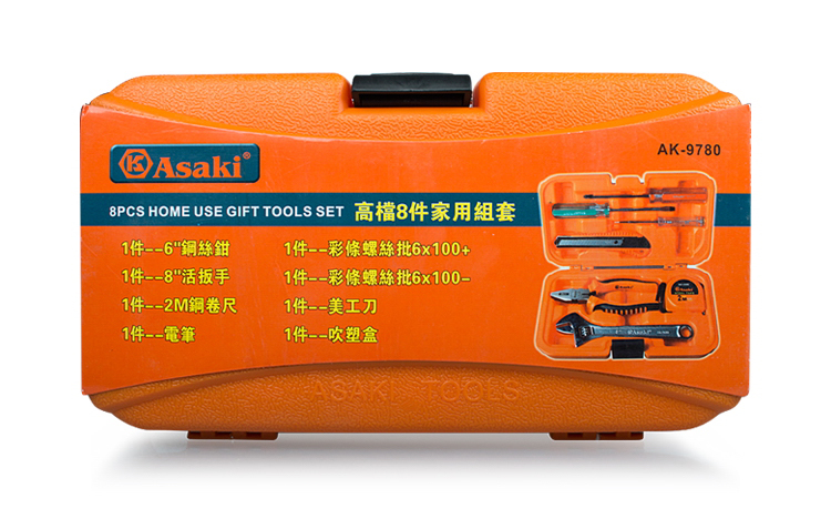 Asaki 8pcs Home Use Gift Repair Hand Tool Set Adjustable Spanner Combination Pliers Screwdriver Utility Knife Measuring Tapes