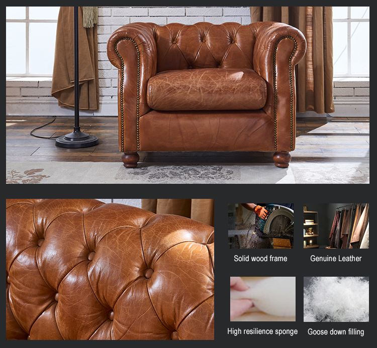 Fast shipment archaistic chesterfield sofa genuine leather single sofa chair tufted armchair sofa