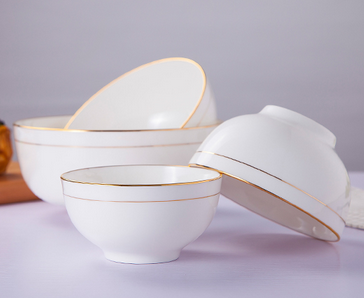 White porcelain bowl set ,Porcelain rice bowls with Gold rim