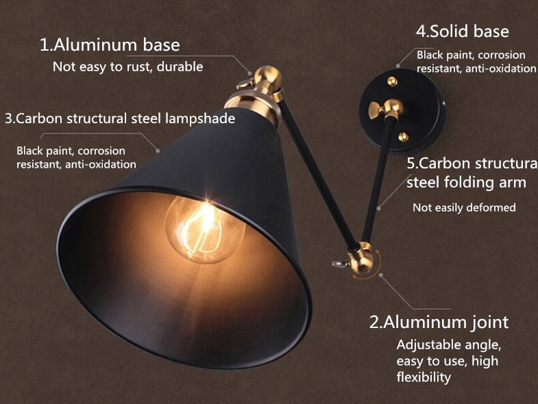 bedroom restaurant bar bedside black retro Industrial wrought iron wall lamp