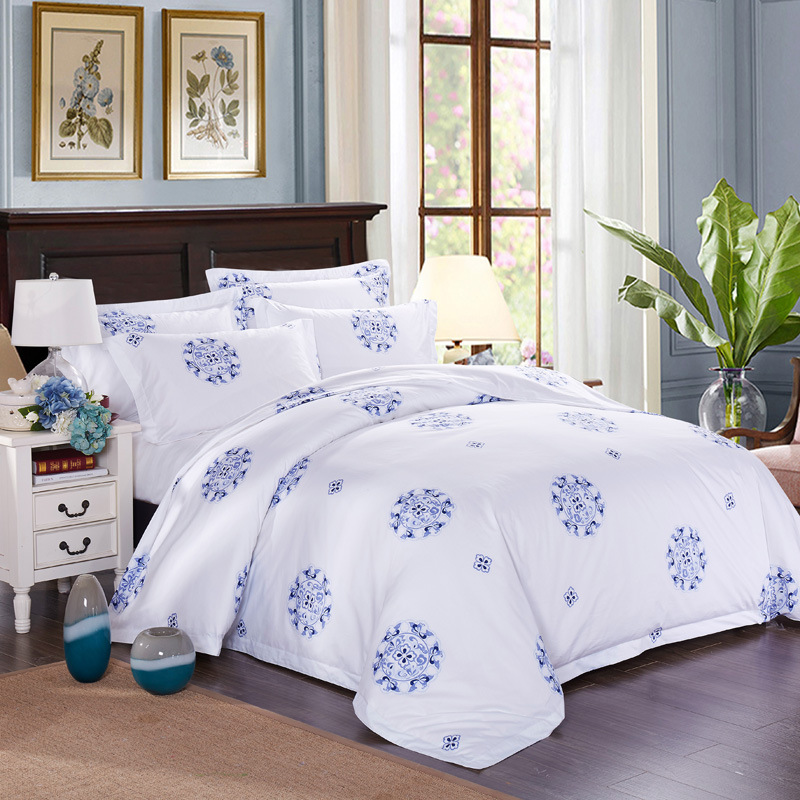 Luxury White linen 7 Piece Duvet Set, Silky Soft hotel Quality Long-Staple Sateen Cotton bedding set- Printed Percale Sheet Set