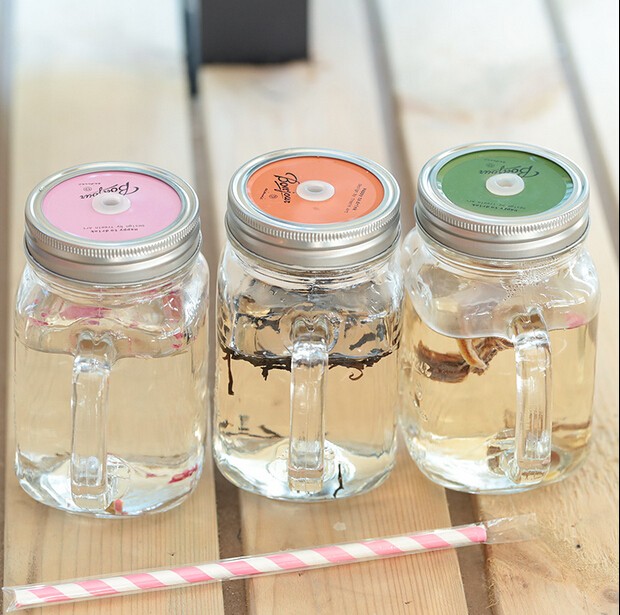 16oz clear embossed logo drinking jar glass mason jars with handle