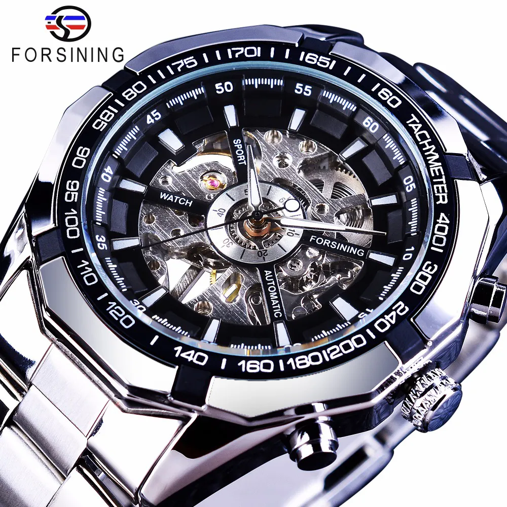 Forsining Watch Silver Stainless Steel Waterproof Men Skeleton Watches Top Brand Luxury Transparent Mechanical Watches Men Wrist