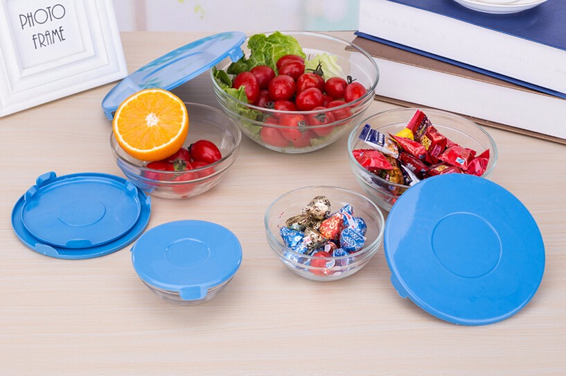 Haonai wholesale bulk good quality 5pcs glass bowl set,glass bowl with lid