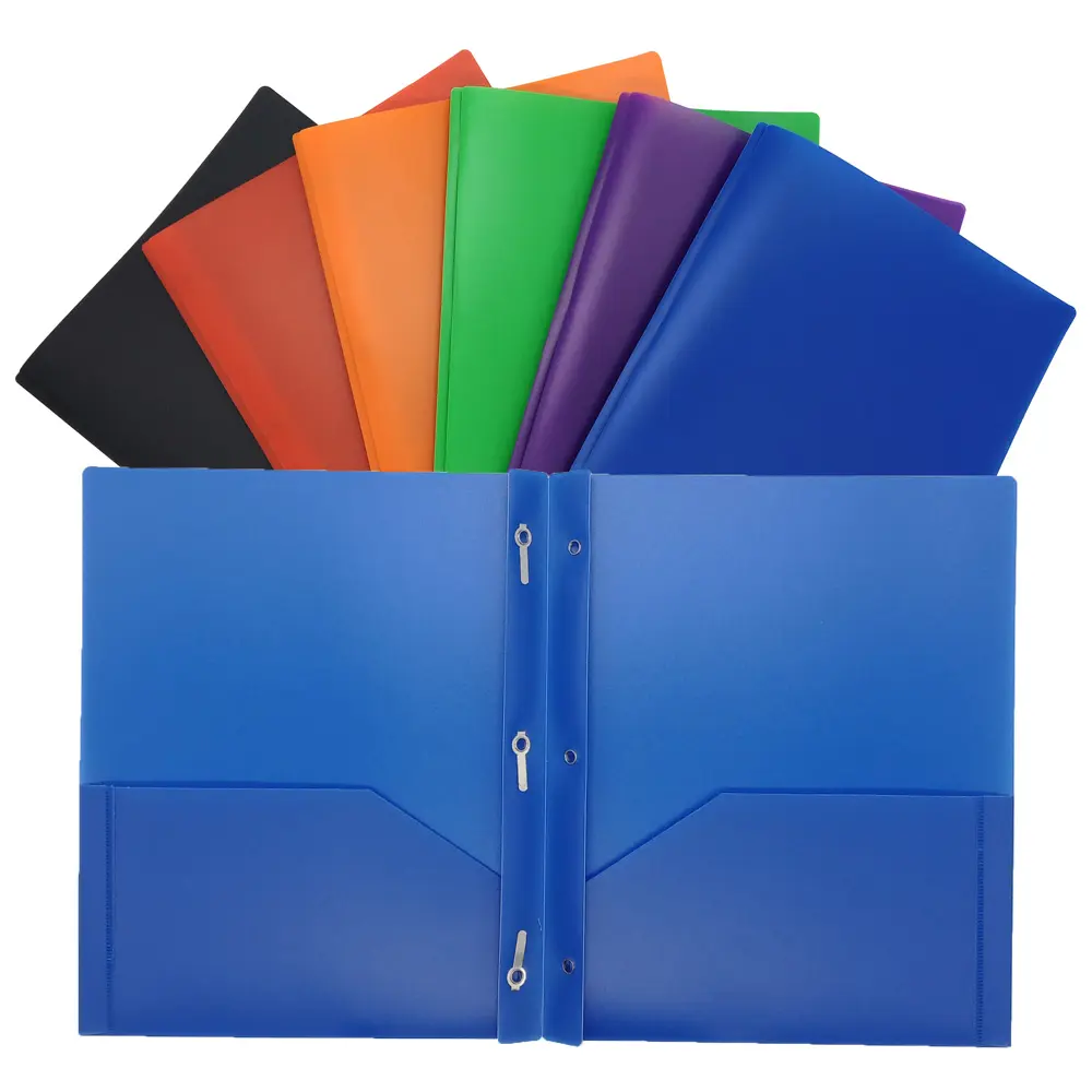 PP Plastic Office Stationery Letter Size Multi-Color 2 Pocket File Folder with 3 Metal Prongs