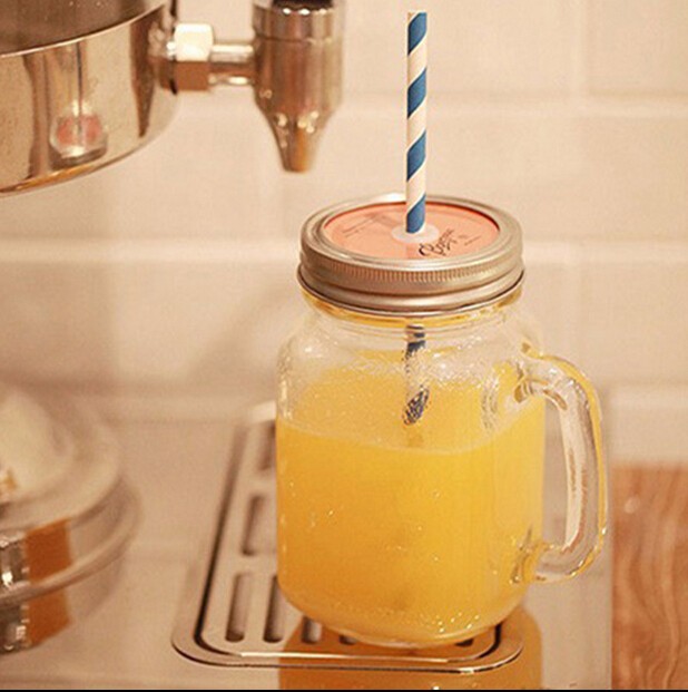 Custom Wide Mouth Glass Mason Jar With Handle Straw Storage Jar